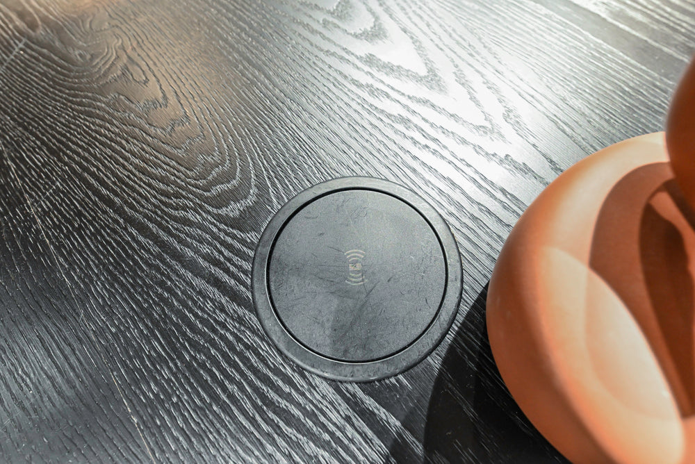 Cesar Modern Dark Wood Tone Kitchen with Black Wood Veneer Countertops and Custom Marble Sink