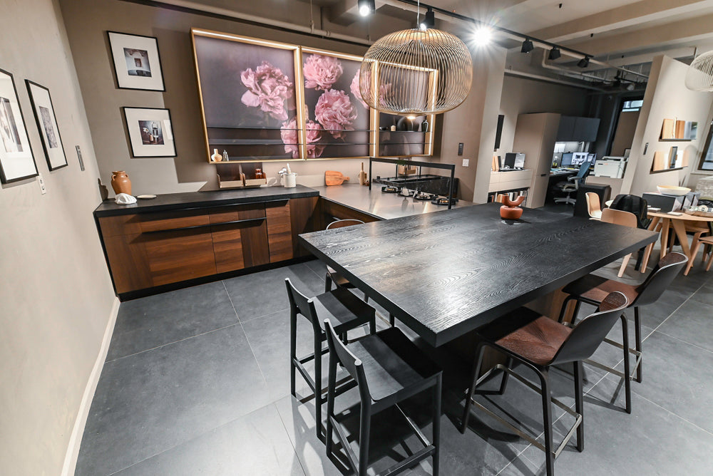 Cesar Modern Dark Wood Tone Kitchen with Black Wood Veneer Countertops and Custom Marble Sink