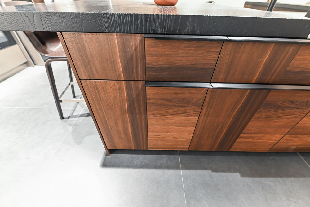 Cesar Modern Dark Wood Tone Kitchen with Black Wood Veneer Countertops and Custom Marble Sink