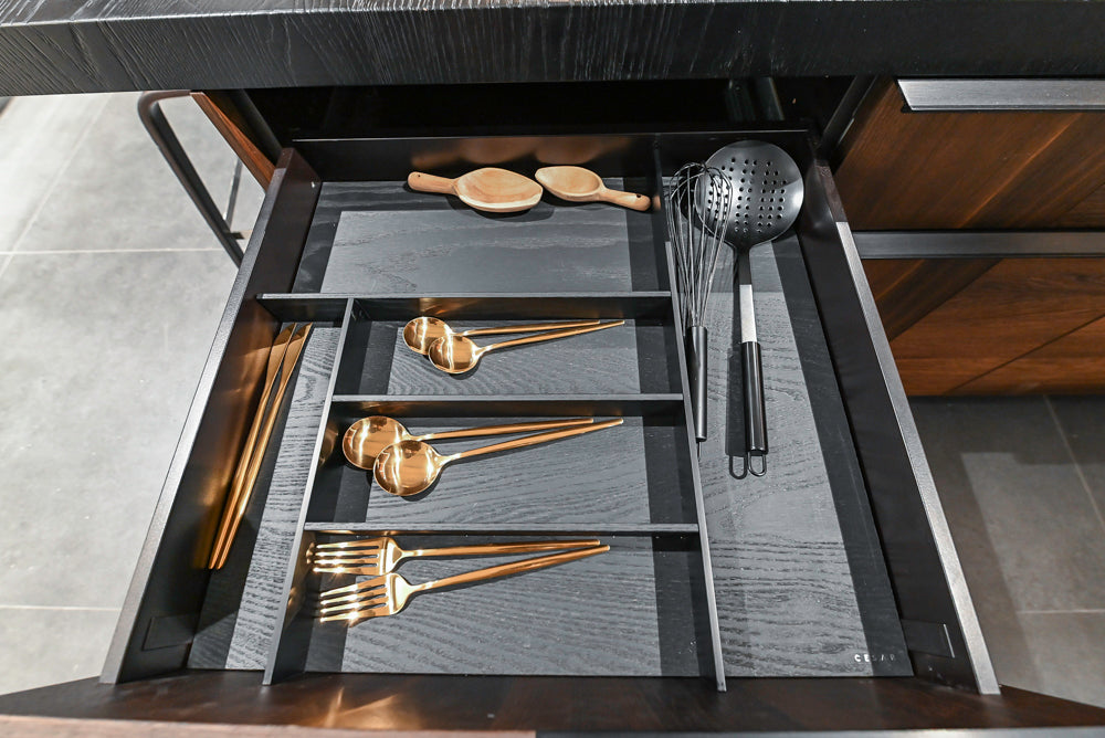 Cesar Modern Dark Wood Tone Kitchen with Black Wood Veneer Countertops and Custom Marble Sink