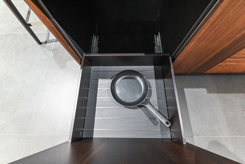 Cesar Modern Dark Wood Tone Kitchen with Black Wood Veneer Countertops and Custom Marble Sink