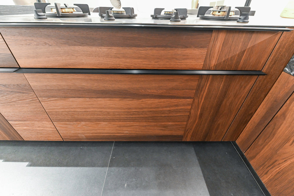 Cesar Modern Dark Wood Tone Kitchen with Black Wood Veneer Countertops and Custom Marble Sink