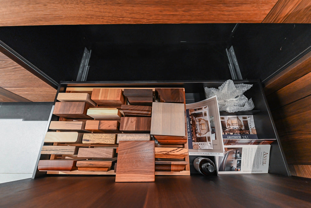 Cesar Modern Dark Wood Tone Kitchen with Black Wood Veneer Countertops and Custom Marble Sink