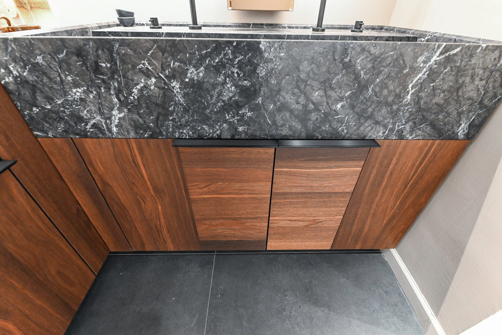 Cesar Modern Dark Wood Tone Kitchen with Black Wood Veneer Countertops and Custom Marble Sink