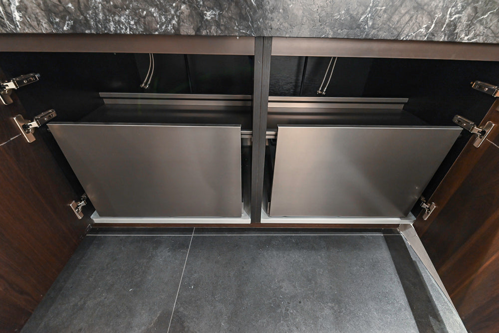 Cesar Modern Dark Wood Tone Kitchen with Black Wood Veneer Countertops and Custom Marble Sink