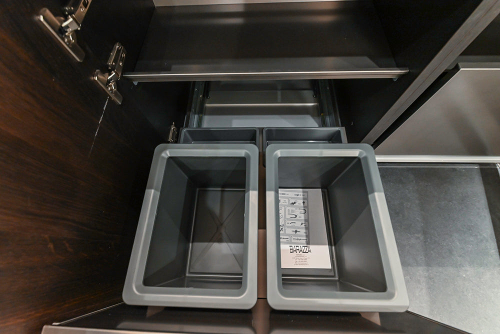 Cesar Modern Dark Wood Tone Kitchen with Black Wood Veneer Countertops and Custom Marble Sink