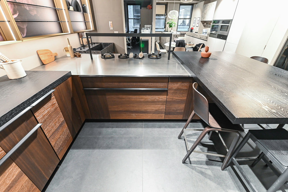 Cesar Modern Dark Wood Tone Kitchen with Black Wood Veneer Countertops and Custom Marble Sink