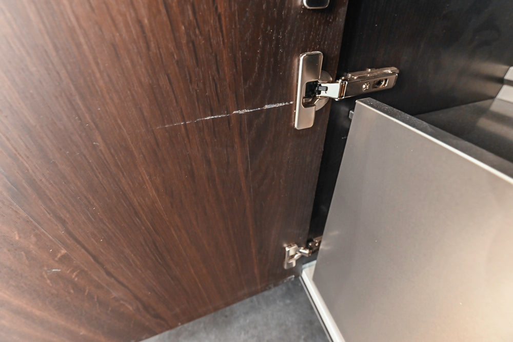 Cesar Modern Dark Wood Tone Kitchen with Black Wood Veneer Countertops and Custom Marble Sink