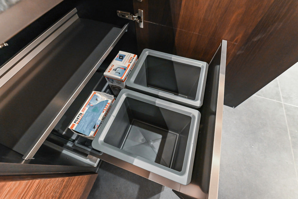 Cesar Modern Dark Wood Tone Kitchen with Black Wood Veneer Countertops and Custom Marble Sink