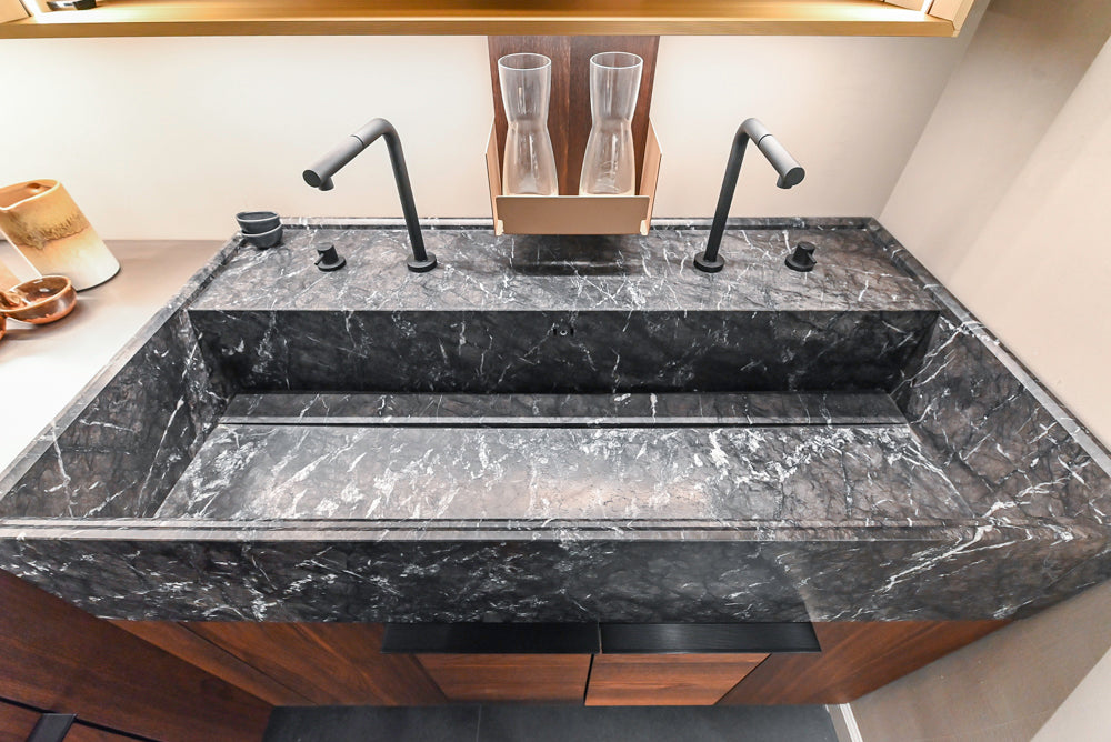 Cesar Modern Dark Wood Tone Kitchen with Black Wood Veneer Countertops and Custom Marble Sink