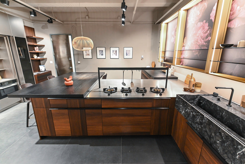 Cesar Modern Dark Wood Tone Kitchen with Black Wood Veneer Countertops and Custom Marble Sink
