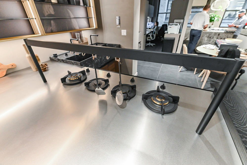 Cesar Modern Dark Wood Tone Kitchen with Black Wood Veneer Countertops and Custom Marble Sink