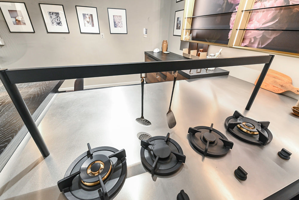 Cesar Modern Dark Wood Tone Kitchen with Black Wood Veneer Countertops and Custom Marble Sink