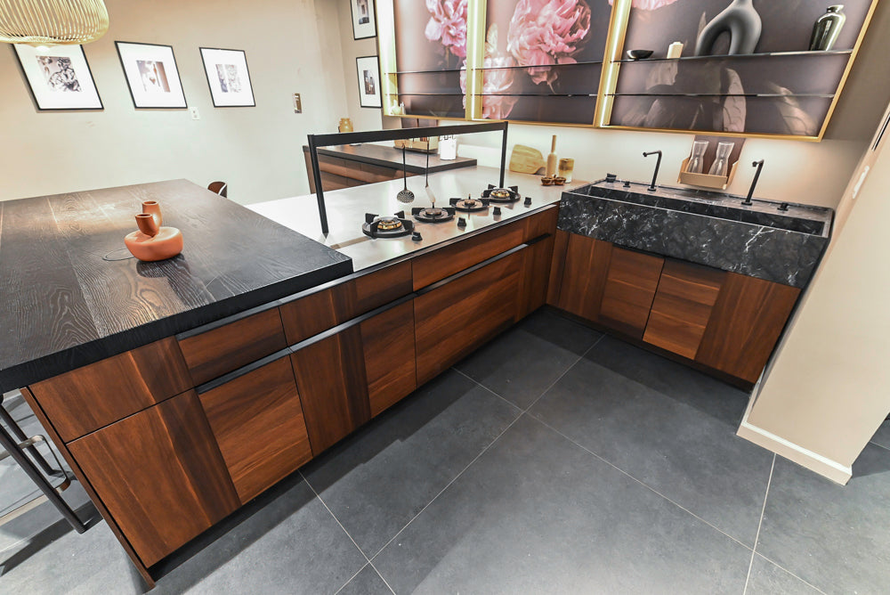 Cesar Modern Dark Wood Tone Kitchen with Black Wood Veneer Countertops and Custom Marble Sink