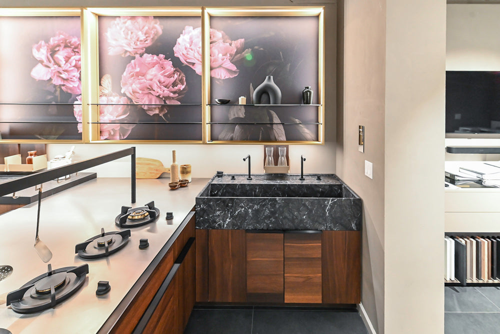 Cesar Modern Dark Wood Tone Kitchen with Black Wood Veneer Countertops and Custom Marble Sink