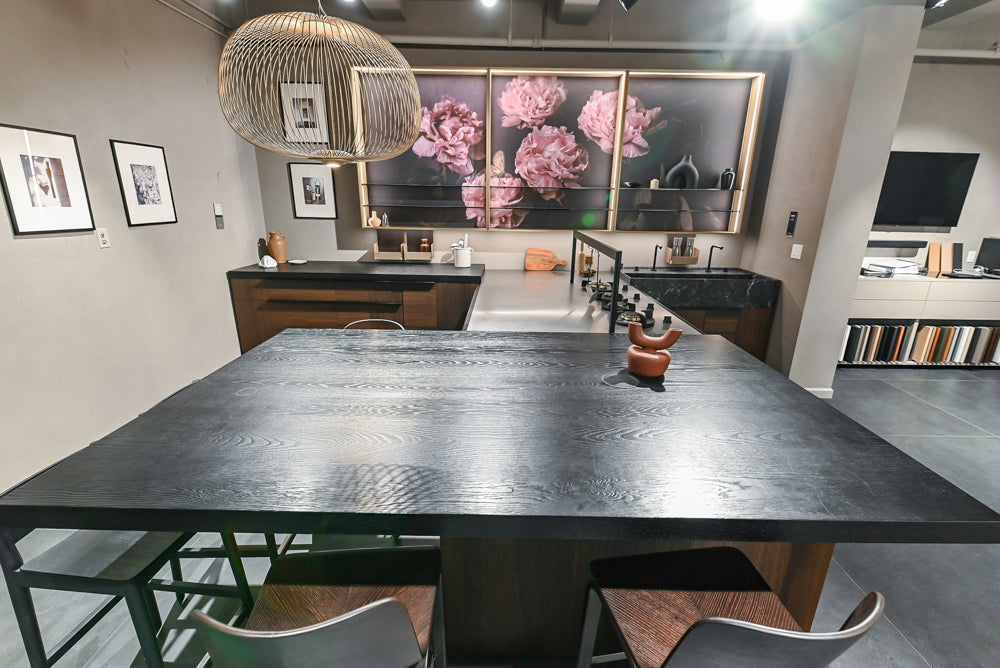 Cesar Modern Dark Wood Tone Kitchen with Black Wood Veneer Countertops and Custom Marble Sink