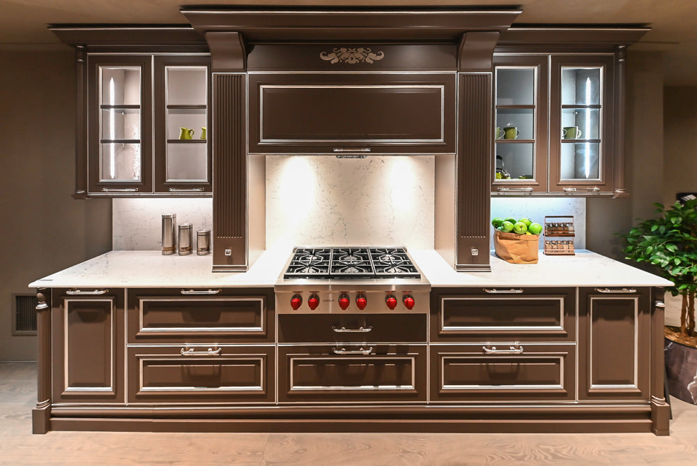 Cesar Traditional Classic Brown Cooking Station with Wolf Rangetop and Caesarstone Countertops