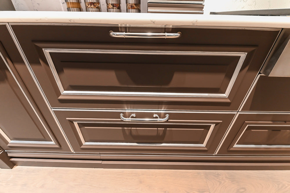 Cesar Traditional Classic Brown Cooking Station with Wolf Rangetop and Caesarstone Countertops