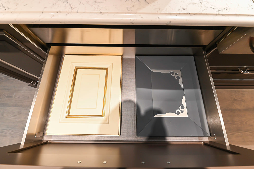 Cesar Traditional Classic Brown Cooking Station with Wolf Rangetop and Caesarstone Countertops