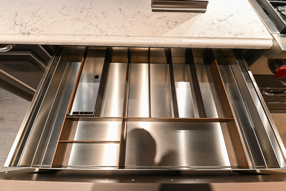 Cesar Traditional Classic Brown Cooking Station with Wolf Rangetop and Caesarstone Countertops