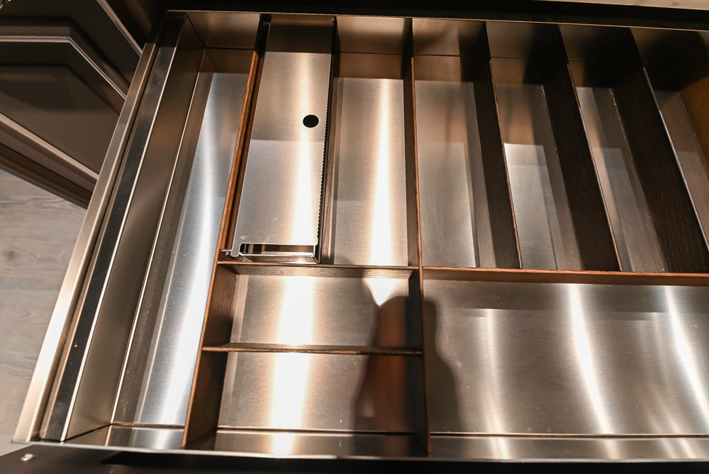 Cesar Traditional Classic Brown Cooking Station with Wolf Rangetop and Caesarstone Countertops