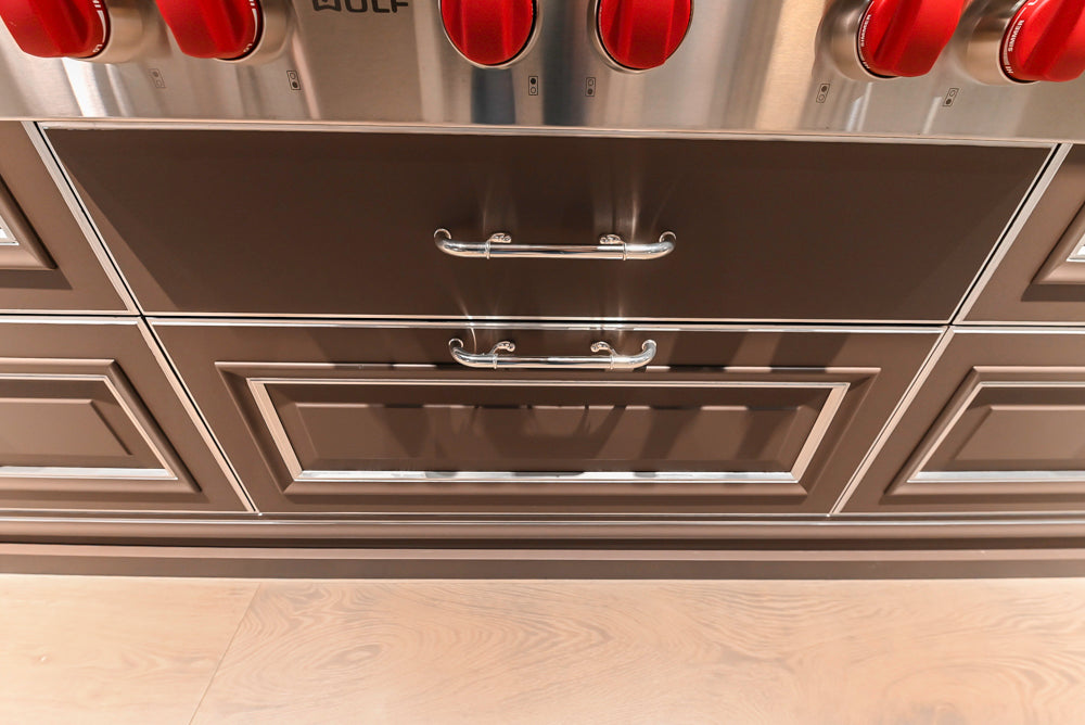 Cesar Traditional Classic Brown Cooking Station with Wolf Rangetop and Caesarstone Countertops