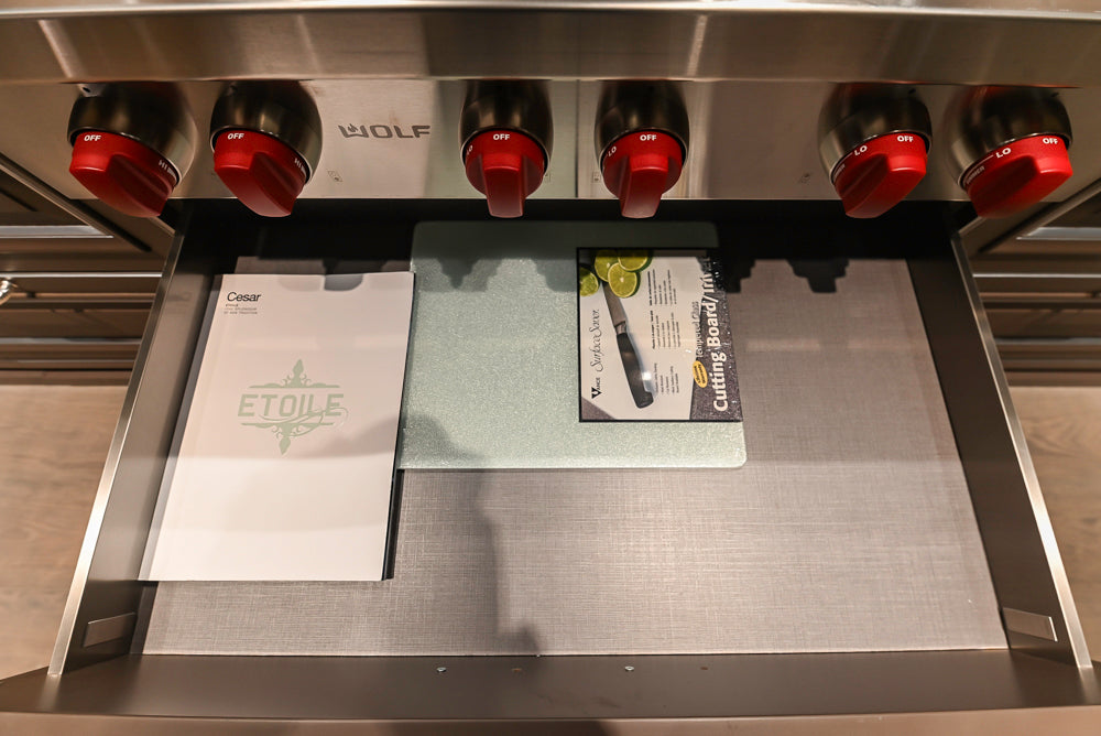 Cesar Traditional Classic Brown Cooking Station with Wolf Rangetop and Caesarstone Countertops