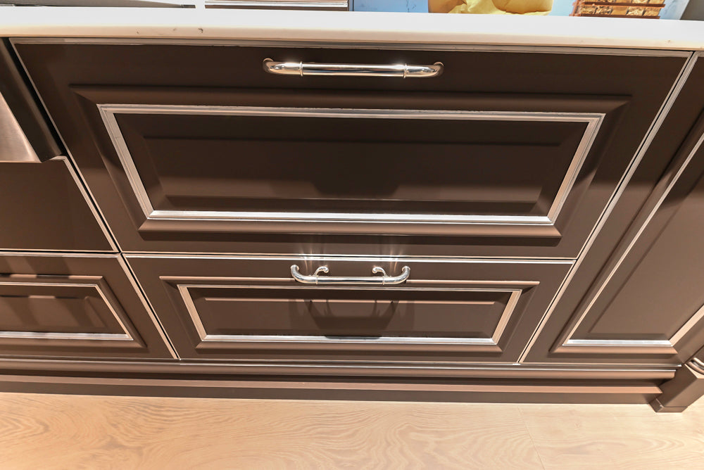 Cesar Traditional Classic Brown Cooking Station with Wolf Rangetop and Caesarstone Countertops