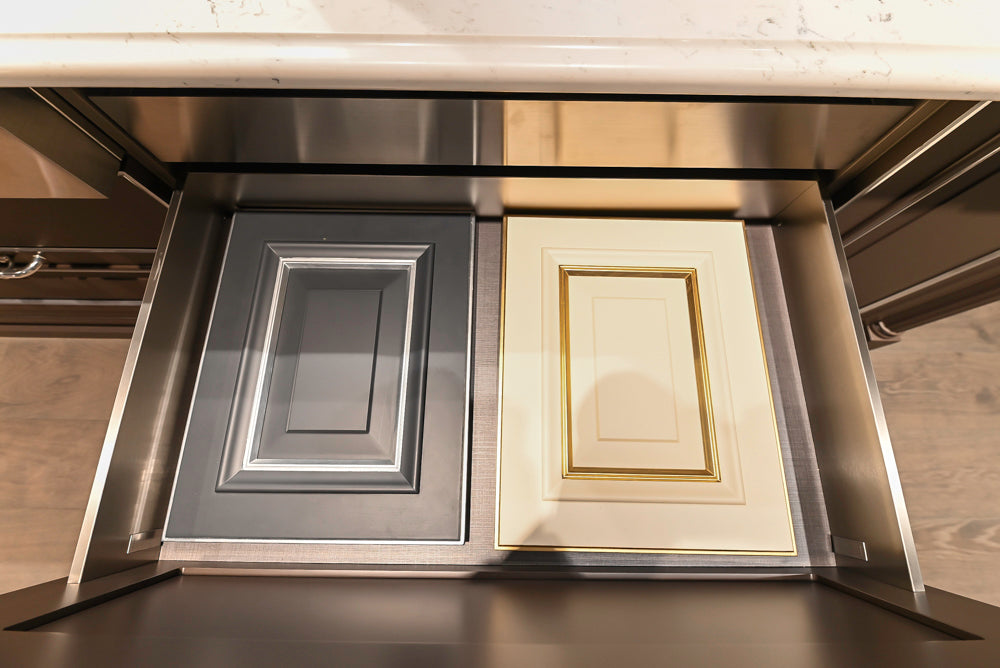 Cesar Traditional Classic Brown Cooking Station with Wolf Rangetop and Caesarstone Countertops