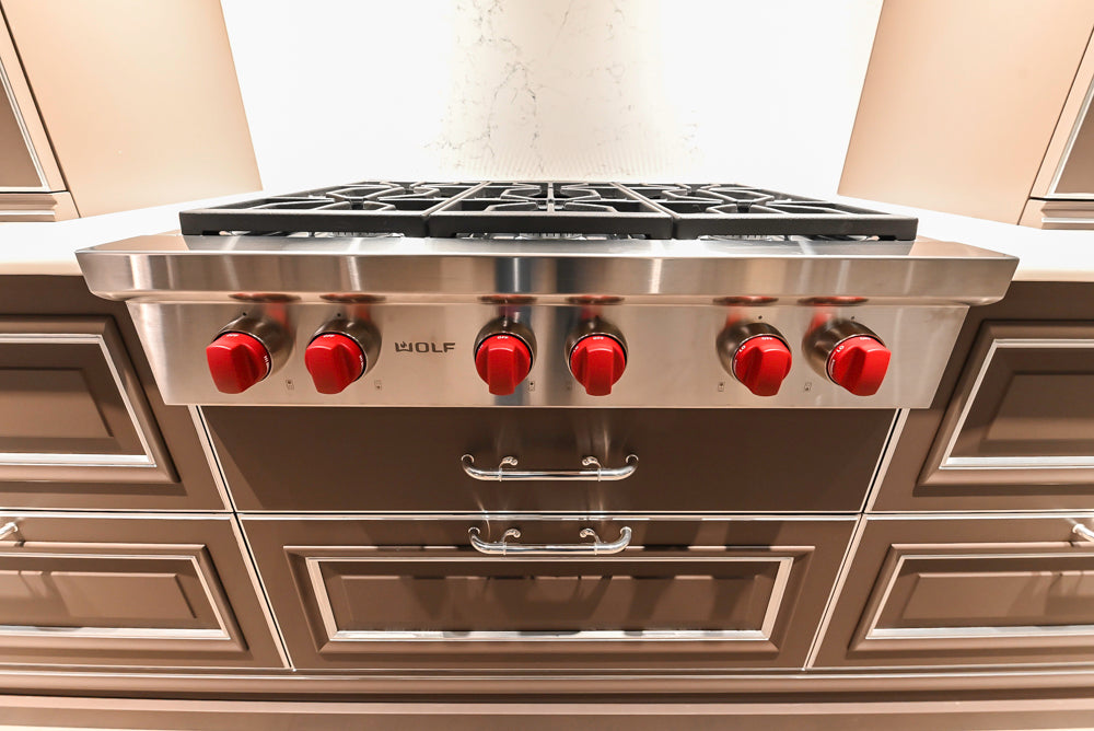 Cesar Traditional Classic Brown Cooking Station with Wolf Rangetop and Caesarstone Countertops