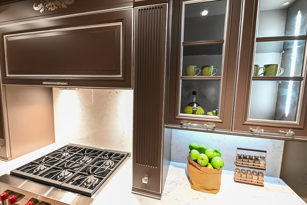 Cesar Traditional Classic Brown Cooking Station with Wolf Rangetop and Caesarstone Countertops