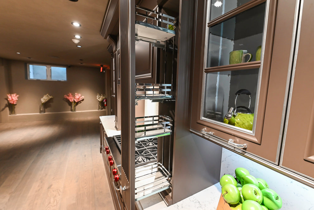 Cesar Traditional Classic Brown Cooking Station with Wolf Rangetop and Caesarstone Countertops