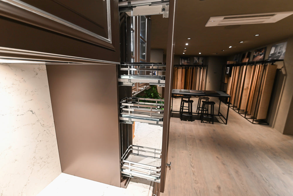 Cesar Traditional Classic Brown Cooking Station with Wolf Rangetop and Caesarstone Countertops