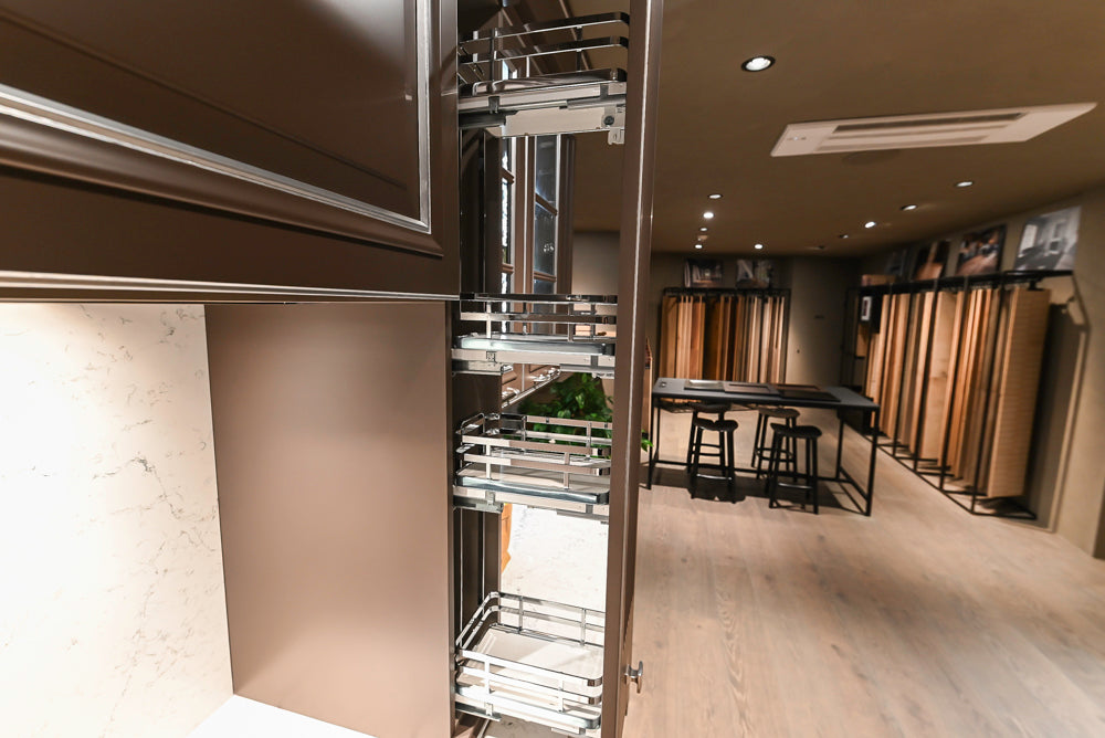 Cesar Traditional Classic Brown Cooking Station with Wolf Rangetop and Caesarstone Countertops