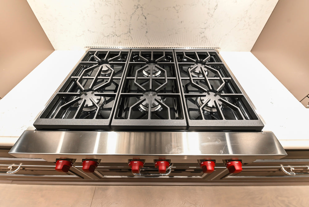 Cesar Traditional Classic Brown Cooking Station with Wolf Rangetop and Caesarstone Countertops