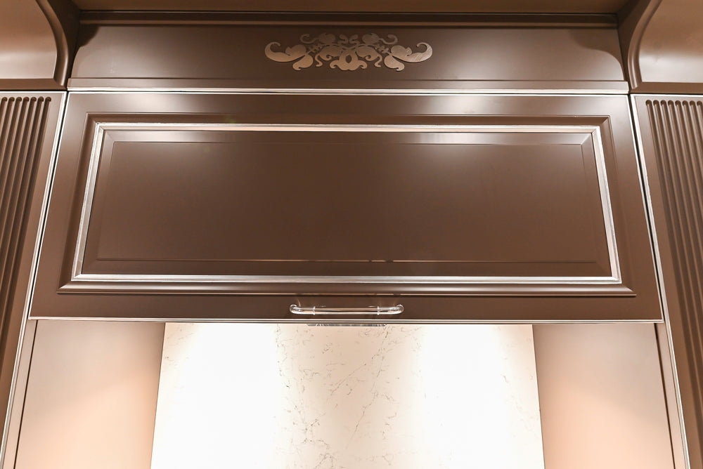 Cesar Traditional Classic Brown Cooking Station with Wolf Rangetop and Caesarstone Countertops