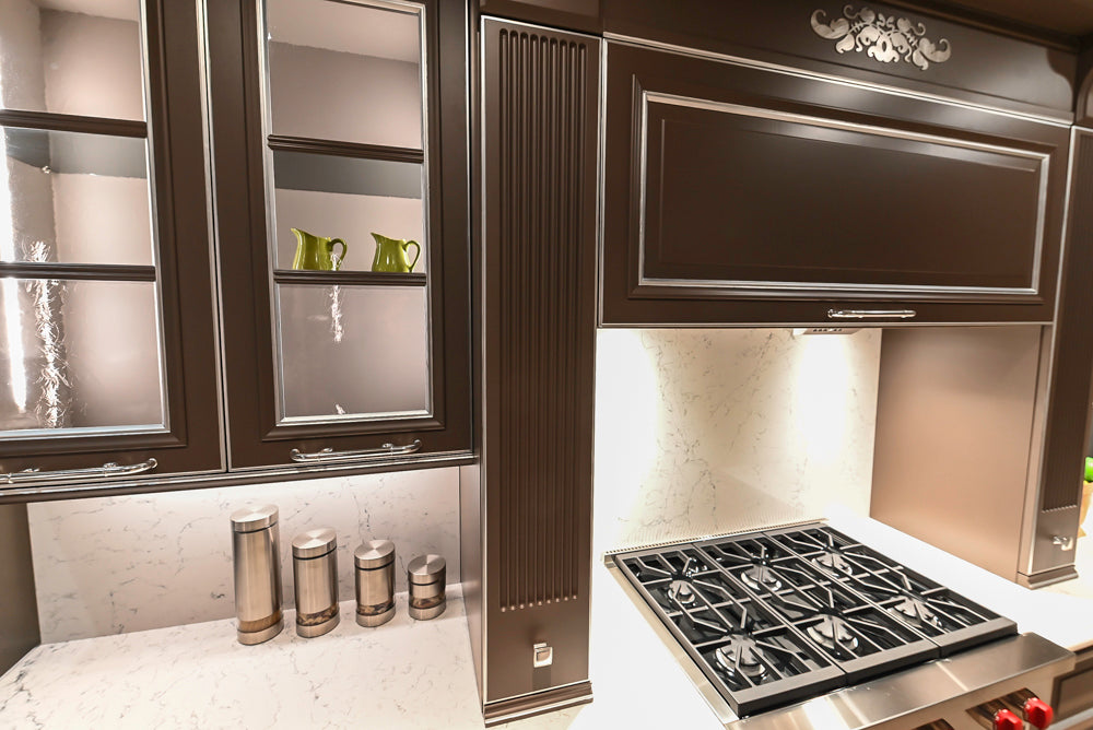 Cesar Traditional Classic Brown Cooking Station with Wolf Rangetop and Caesarstone Countertops