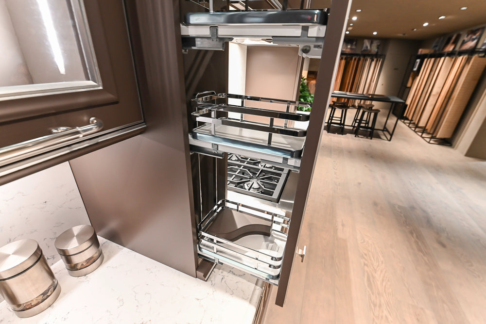 Cesar Traditional Classic Brown Cooking Station with Wolf Rangetop and Caesarstone Countertops