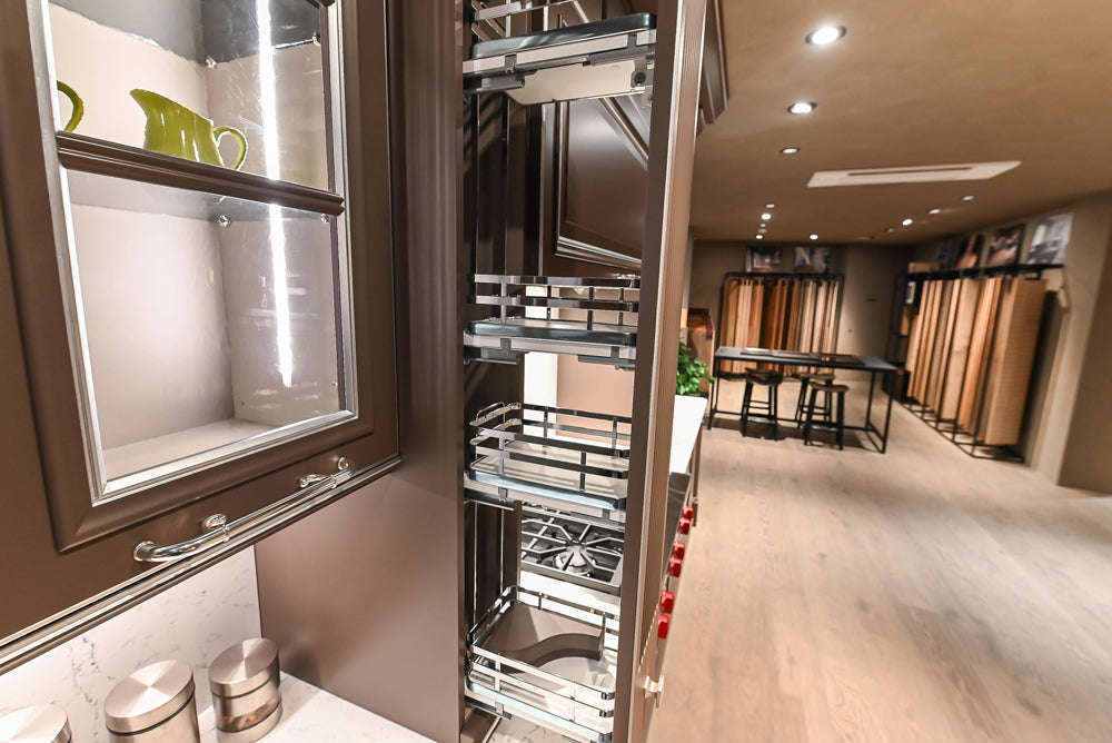 Cesar Traditional Classic Brown Cooking Station with Wolf Rangetop and Caesarstone Countertops