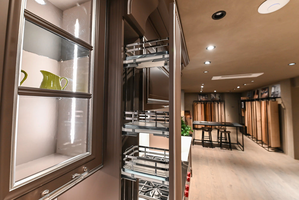 Cesar Traditional Classic Brown Cooking Station with Wolf Rangetop and Caesarstone Countertops