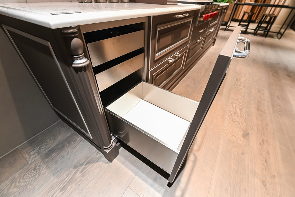 Cesar Traditional Classic Brown Cooking Station with Wolf Rangetop and Caesarstone Countertops