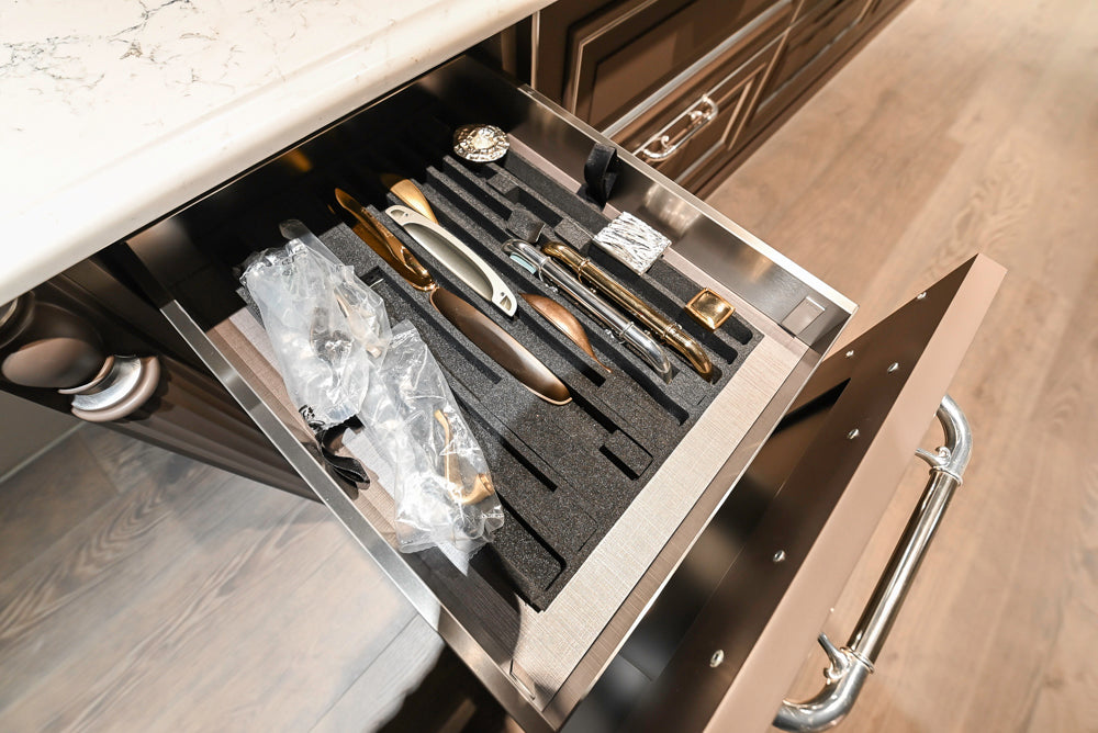 Cesar Traditional Classic Brown Cooking Station with Wolf Rangetop and Caesarstone Countertops