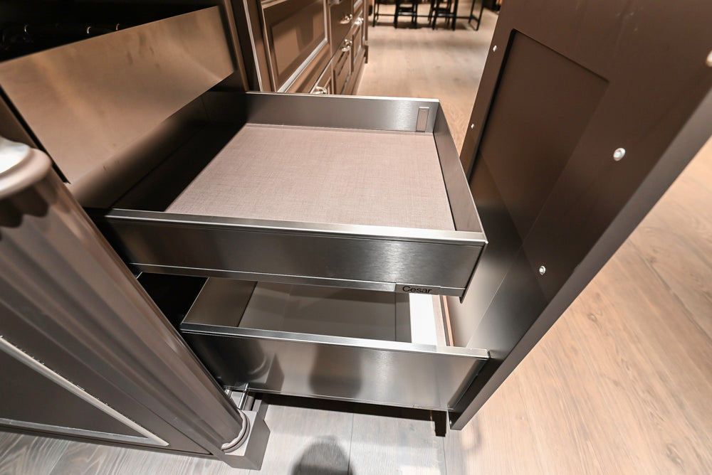 Cesar Traditional Classic Brown Cooking Station with Wolf Rangetop and Caesarstone Countertops