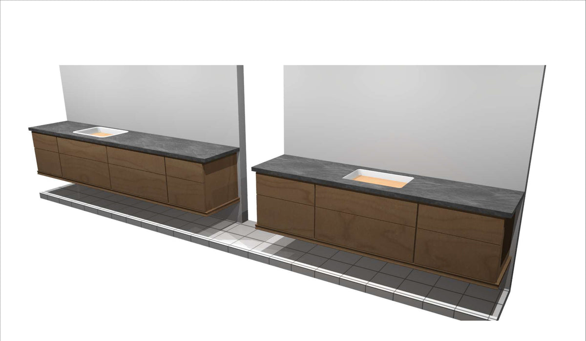 Omega Transitional Matte Desert Stain Maple Matching His & Hers Floating Vanities - Cabinetry Only