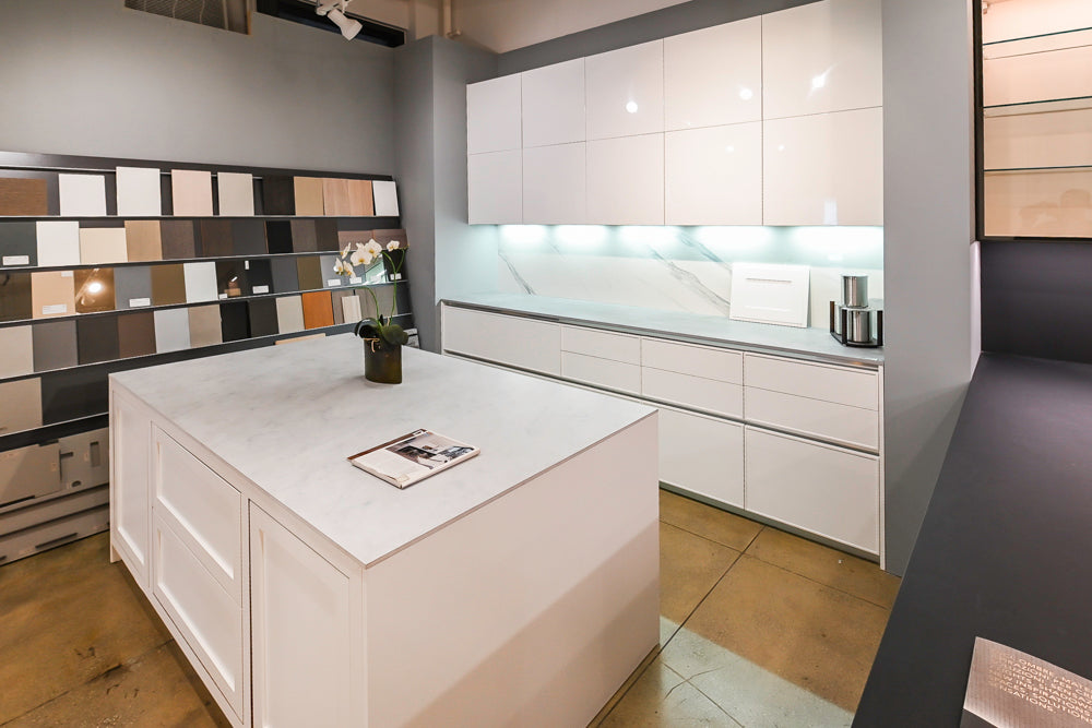 Modern White Matte & Glossy Dry Bar with Island and Dekton Countertops