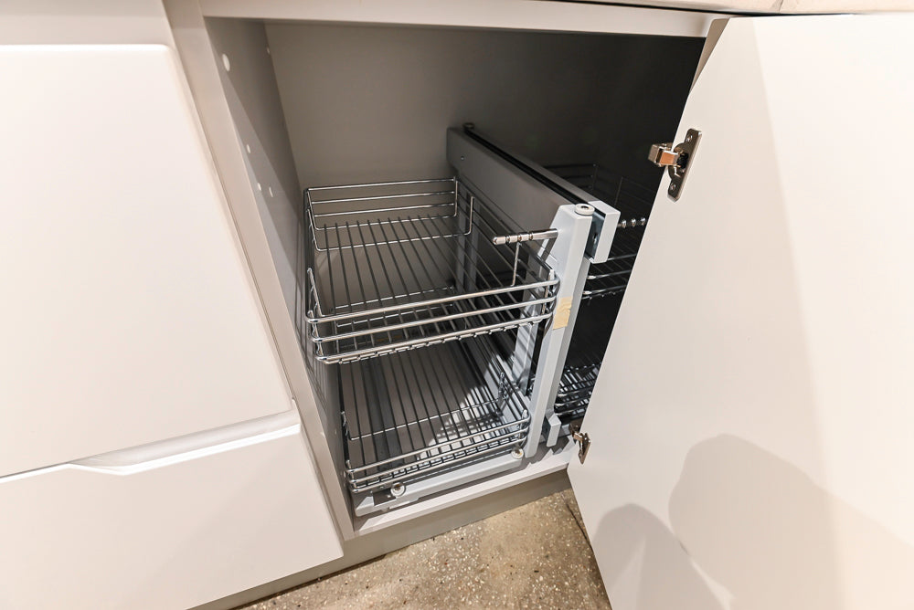 Lyon's Modern White and Natural Wood Toned Kitchenette with Silestone Countertops