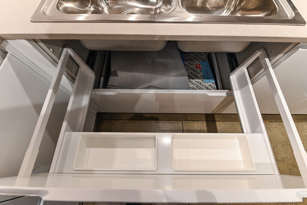 Lyon's Modern White and Natural Wood Toned Kitchenette with Silestone Countertops