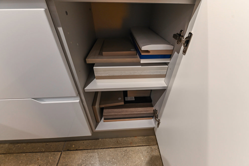 Lyon's Modern White and Natural Wood Toned Kitchenette with Silestone Countertops