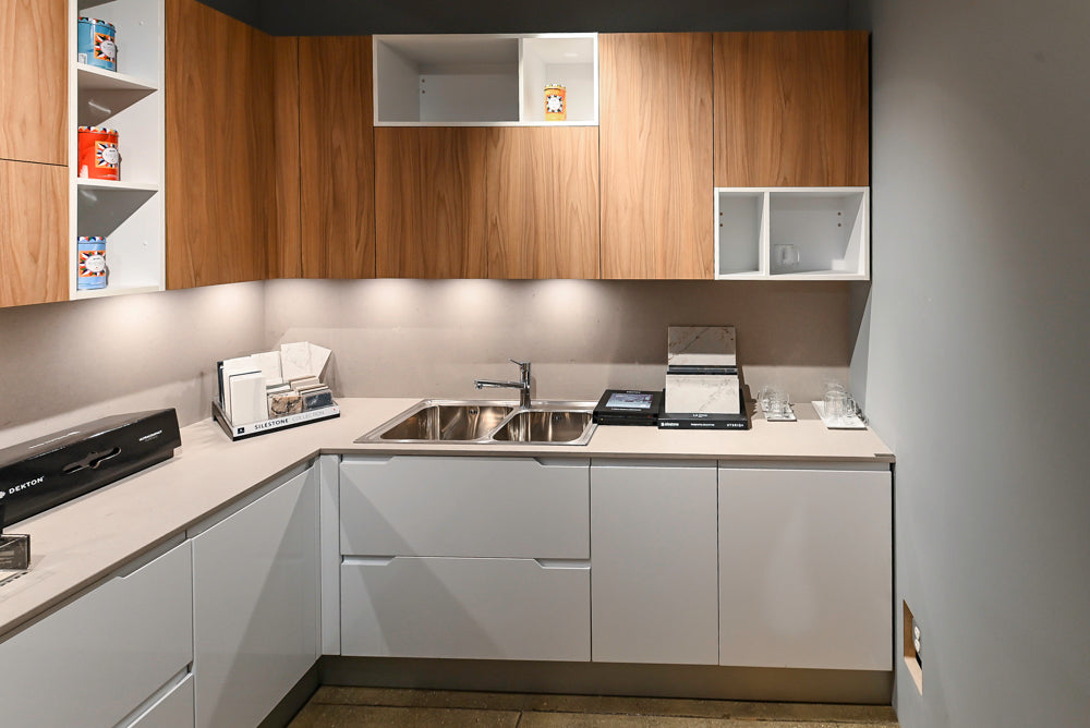 Lyon's Modern White and Natural Wood Toned Kitchenette with Silestone Countertops