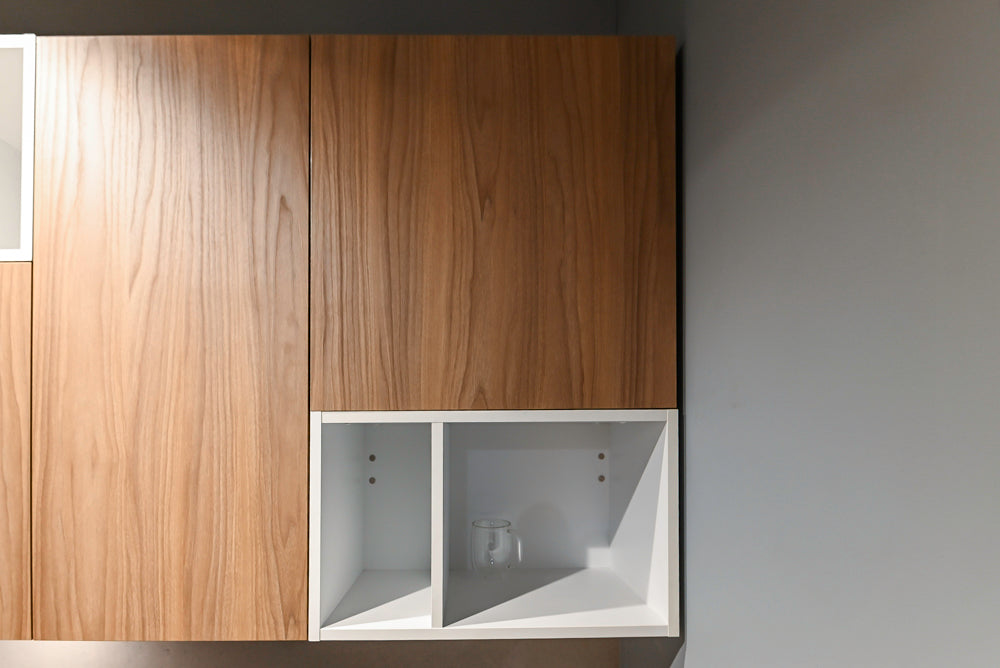 Lyon's Modern White and Natural Wood Toned Kitchenette with Silestone Countertops